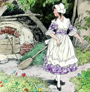 Print of Mother Hulda, a hand-coloured glass slide from the 1920s