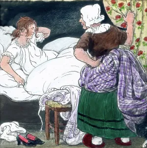 Print of Mother Hulda, a woman sleeping in her bed