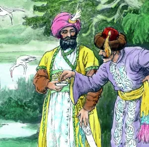 Hand-coloured glass slide print of Caliph Stork