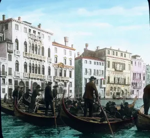 Hand coloured glass slide Print of a crowded Venetian waterway