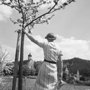 Beuron Print: Woman in Spring near Benedictine Monastery