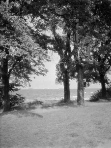Black and white photograph print of a beach scene