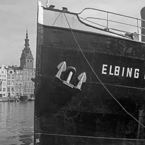 Elbing Harbor Print: Freight Ship and St. Nicolas Church