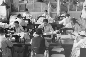 Mitropa Print: Female Staff Members Sewing Travel Pillows, Germany 1930s