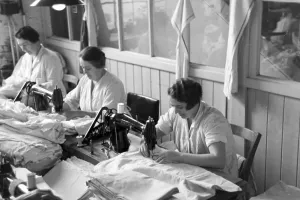 Mitropa Print: Female Staff Members Sewing Travel Pillows, Germany 1930s