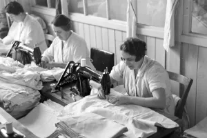 Mitropa Print: Female Staff Members Sewing Travel Pillows, Germany 1930s