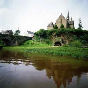 Bretagne Print: Gothic Church on a Stone Arched Bridge over the Oust River