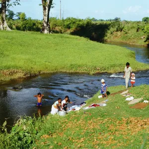 Mauritius Print: Women Washing Laundry by a River