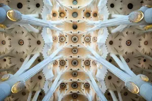 Barcelona Church Interior Prints: Low angle interior view of vaulting, Sagrada Familia, Barcelona, Catalonia, Spain