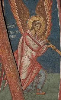 Prints of Angel with trumpet by Anonymous / Visoki Decani monastery, Kosovo / ca 1350 / Serbia / Fresco / Bible / Byzantine Art Kosovo Prints: Angel with Trumpet Print, a Byzantine Art Fresco reproduction
