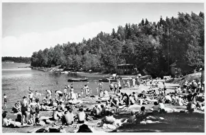 Beach Scene Prints: Bathing beach with bathers