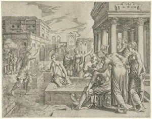 Prints of Bathsheba receives the message of David, Cornelis Massijs, 1549 September Prints: Bathsheba Receives the Message Print