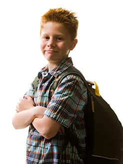 Caucasian Boy Looking At Camera Prints: Boy with backpack