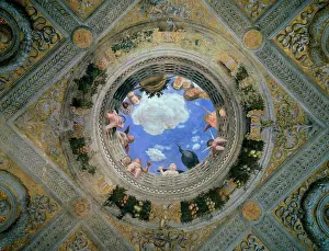 Prints of Camera degli Sposi: Ceiling Oculus ca. 1474 Andrea Mantegna (1431-1506 Italian) Fresco Palazzo Ducale, Mantua, Italy Mantua Prints: Camera degli Sposi Ceiling Oculus Print