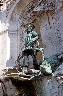 Prints of Castle and Palace complex, Saint Georges Square, Castle Hill, Budapest, Hungary. King Matyas (Matthias) Fountain statue Castle Prints: Budapest Castle Hill Palace Complex Print