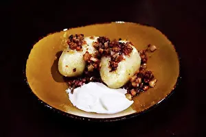 Prints of Cepelinai dumplings with roasted bacon and sour cream, Leiciai Restaurant, Old Town, Vilnius, Lithuania, Europe Lithuania Prints: Cepelinai dumplings print with roasted bacon and sour cream