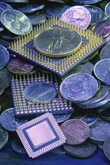 Close Up Computer Hardware Prints: Close-up of computer chips and coins