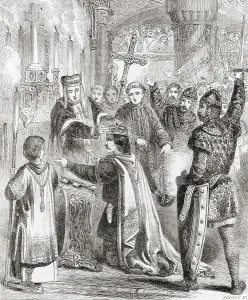 Prints of The coronation of William the Conqueror, 1066. William I, c.1028 - 1087, aka William the Conqueror and William the Bastard. First Norman king of England. From Cassell's Illustrated History of Engl July Prints: Print of The Coronation of William the Conqueror