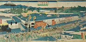 Prints of Daimyo Procession at Kasumigaseki in Edo. Utagawa Hiroshige II (Japan, 1826-1869). fourth month 1863. Prints. Color woodblcok print triptych Utagawa Hiroshige Prints: Daimyo Procession Print, a triptych color woodblock print