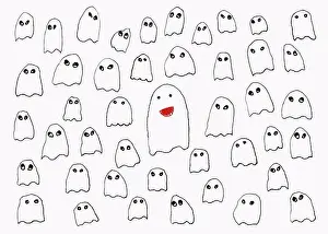White Background Illustrations Prints: Drawing of ghosts on white background