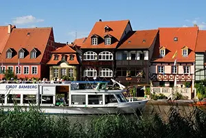 Unesco Heritage Site Germany Prints: Excursion boat on river Regnitz, Bamberg, Upper Franconia, Bavaria, Germany