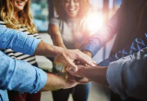 Office Collaboration Prints: Hands, group and stack at office with support