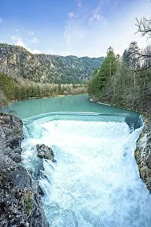 Atmospheric Light Europe Prints: Lech Falls with lots of water in the evening, Fuessen, Allgaeu, Bavaria, Germany, Europe