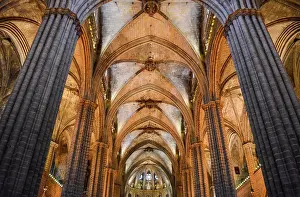 March Prints: Low Angle Interior Print of Vaulting in Barcelona Cathedral