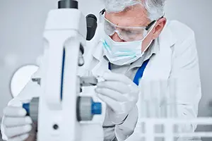 Healthcare Professional Work Prints: Microscope, science and study with old man in laboratory for pharmacy