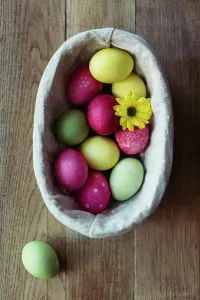 Indoor Still Life Photography Prints: Flowers and Easter eggs on table