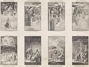 Prints of Eight New Testament scenes on a leaf, print maker: Jan Luyken, (mentioned on object), publisher: weduwe Pieter Arentsz and Cornelis van der Sys (II), Amsterdam, 1712, paper, etching Jan Luyken Prints: Eight New Testament scenes on a leaf Print, etching on paper