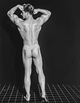 Black And White Muscular Men Prints: Nude Bodybuilder Back Double Biceps Flex c.1948