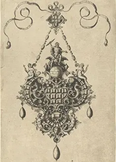 Prints of On top of the pendant is Zeus on his eagle, a lightning bolt in his hand. No. 5 from series of 10 sheets of fronts of pendants. Gems in settings of grotesques and scrollwork November Prints: Zeus on eagle, lightning bolt in hand, pendant front print