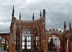 Prints of Ruins of St Michael's Cathedral Coventry, England. a 14th-century Gothic Cathedral, bombed during the Second World War 1940 Coventry Prints: Ruins of St Michael's Cathedral Coventry Print