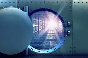 Binary Code Prints: Open vault door revealing computer servers and binary code