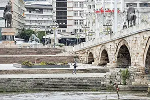 Prints of Skopje, North Macedonia, view of the stone bridge (R) and Macedonia Square in Skopje, 16.10.2021. Copyright North Macedonia Prints: Skopje Stone Bridge Print