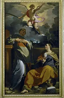 Prints of St. Etienne (St Stephen) and St. Agatha, Sicilian saint c250 holding silver cup containing her severed breasts. Angel brings martyr's palm leaves Carlo Bononi (1569-1632 Italian) Oil on canvas Carlo Bononi Prints: Carlo Bononi's Oil on Canvas Print of St. Stephen and St. Agatha