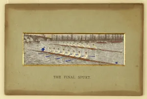 Prints of Stevengraph, The Final Spurt, Thomas Stevens, (English, 1828-1888), Machine-woven silk, mounted, Two rowing shells are seen in a race. A bridge in the left distance. Trees along the distant shore June Prints: Stevengraph Print: Rowing Shells in a Landscape