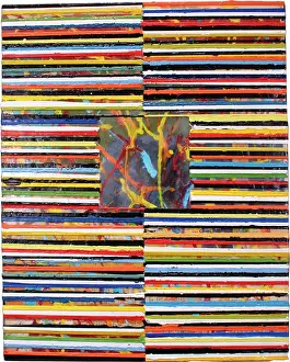 Prints of Various colored lines move across the surface of the encaustic and collage painting encompassing a square which is centered” in the middle of the composition Contemporary Art Prints: Encaustic and Collage Print