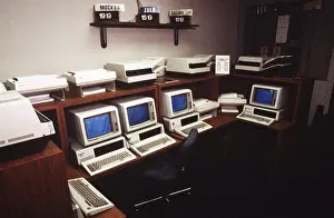 Prints of A view of computer stations, printers and facsimile machines that are part of American terminus of the Washington-Moscow Direct Communications Link November Prints: Print Equipment at Washington End of Direct Communications Link