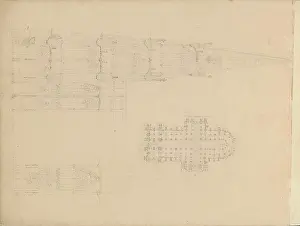 Side View Of A Church Prints: Side view, map and portal of a gothic cathedral