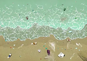Environmental Damage Images Prints: View from above pollution on ocean beach