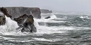 Wales Landscape Photography Prints: Waves splashing against steep coastal cliffs