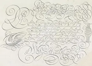 Prints of Writing example with the salutation: Al eccellen. S. dott. Giovanni Bontio... Below that seven lines in Italian: De riverenza ch'io ho portato... Signed: D.V. Sig. Humiliss Ser. Velde November Prints: Jan van de Velde's Print of a Writing Example