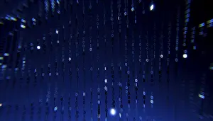 Dark Blue Background Image Prints: 3D illustration of binary code cascading against a dark blue background