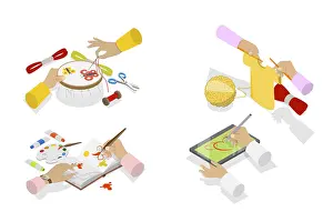 Office Supplies Equipment Prints: 3D Isometric Flat Illustration of Creative Workshop