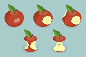 Healthy Eating Images Prints: 3D Isometric Flat Set of Bitten Apple