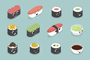 Sushi Set Prints: 3D Isometric Flat Set of Various Sushi
