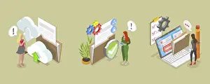 Digital Information Security Prints: 3D Isometric Flat Vector Illustration of Computing Online Services
