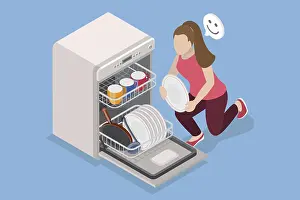 Cleanliness And Hygiene Symbol Prints: 3D Isometric Flat Vector Illustration of Dishwasher